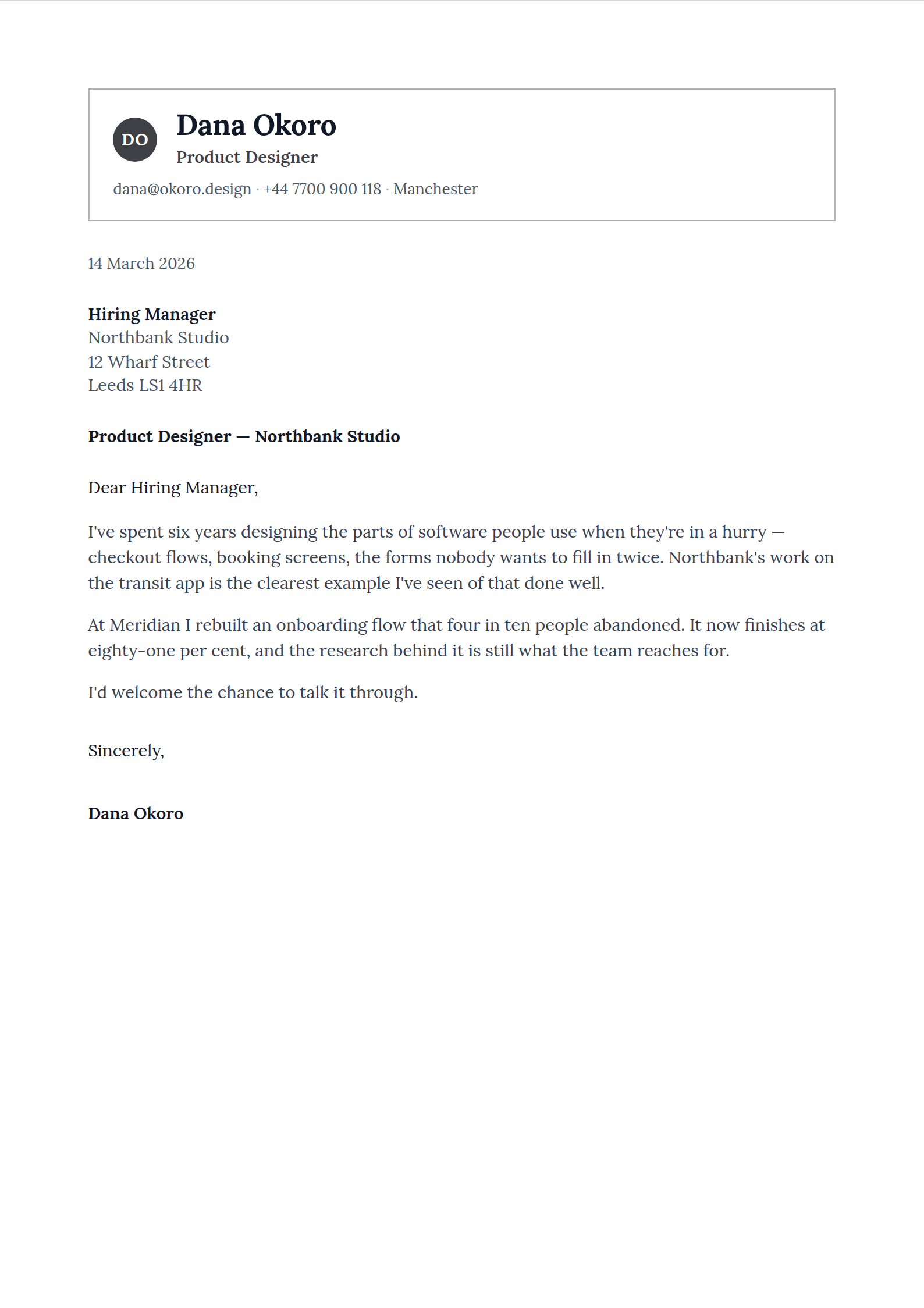 Deboss cover letter template