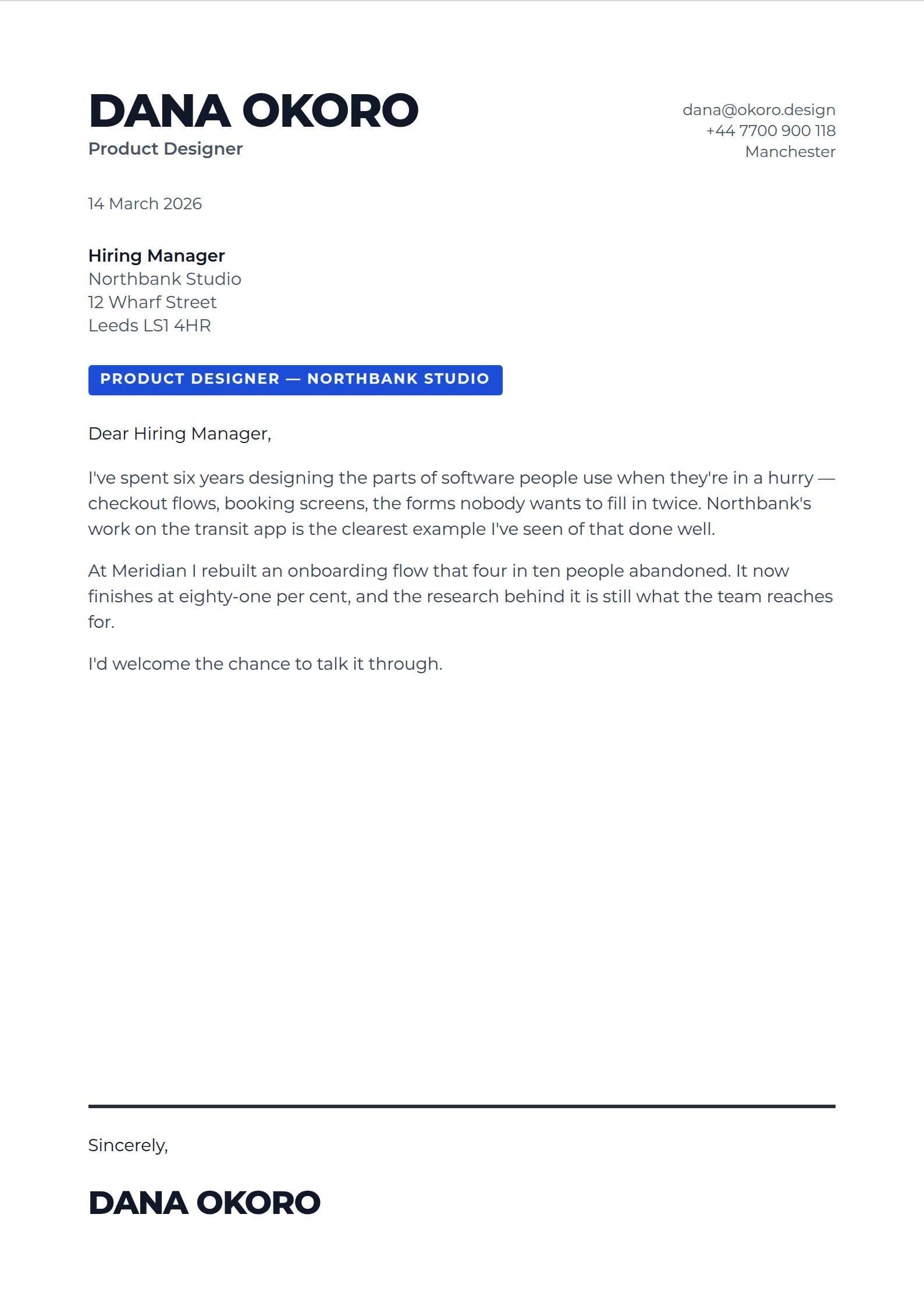 Kicker cover letter template
