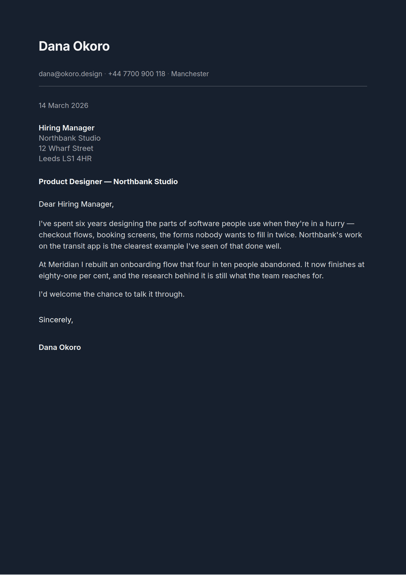 Midnight cover letter template