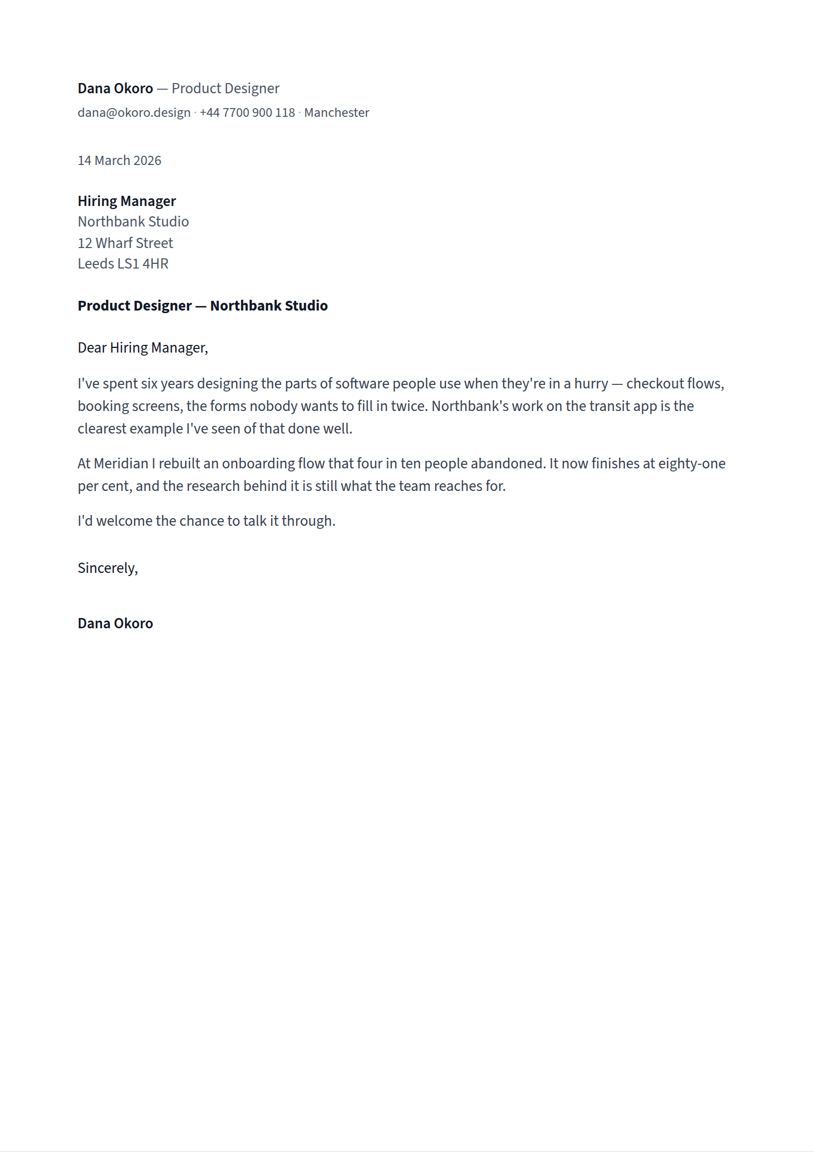 Minuscule cover letter template