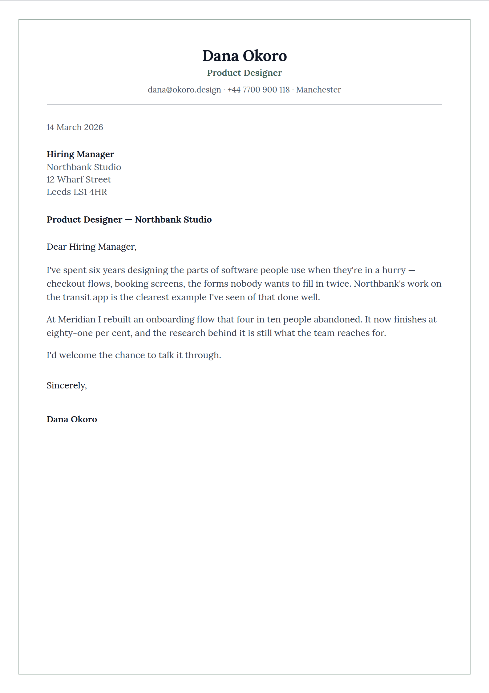 Recto cover letter template