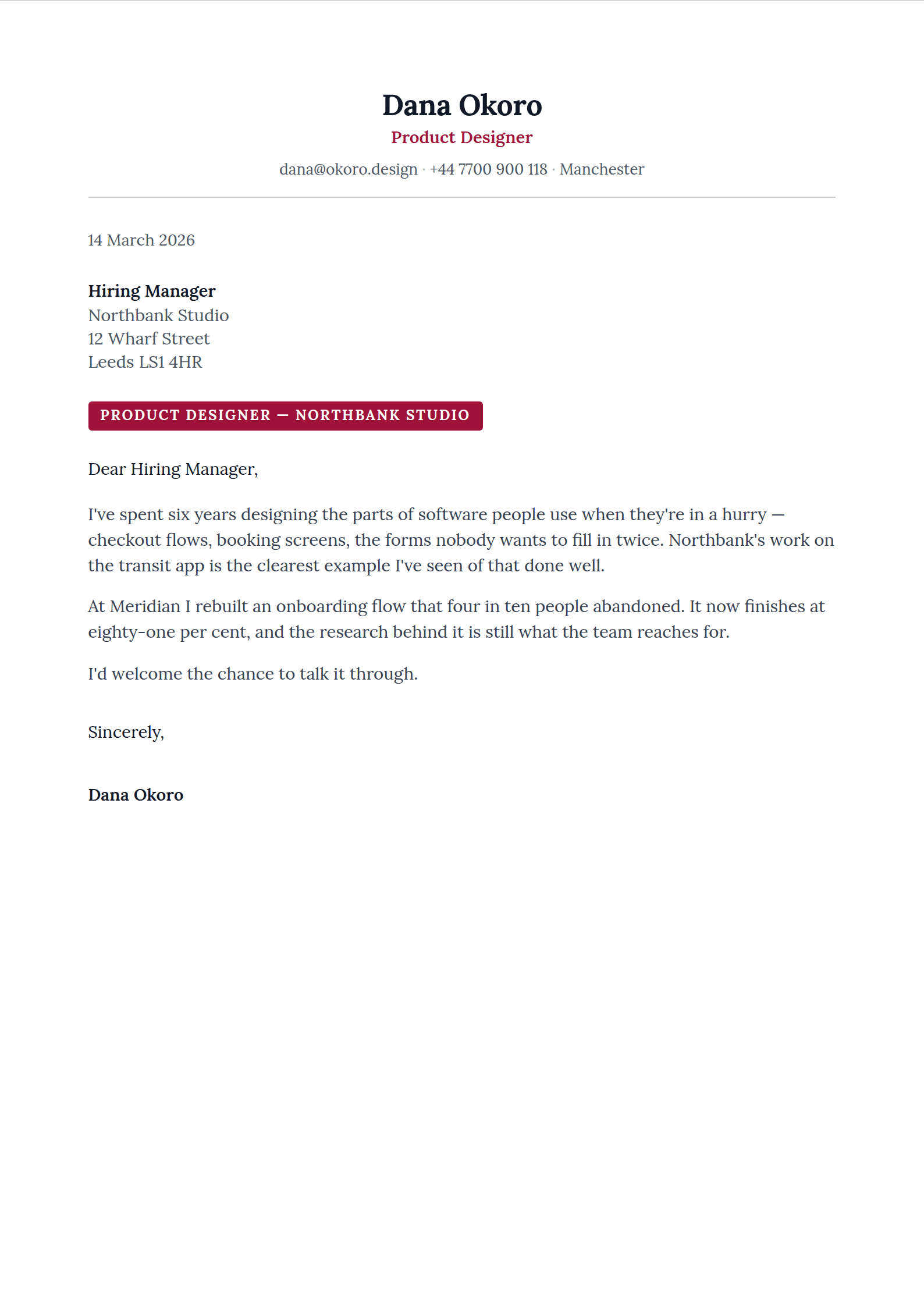 Rubric cover letter template