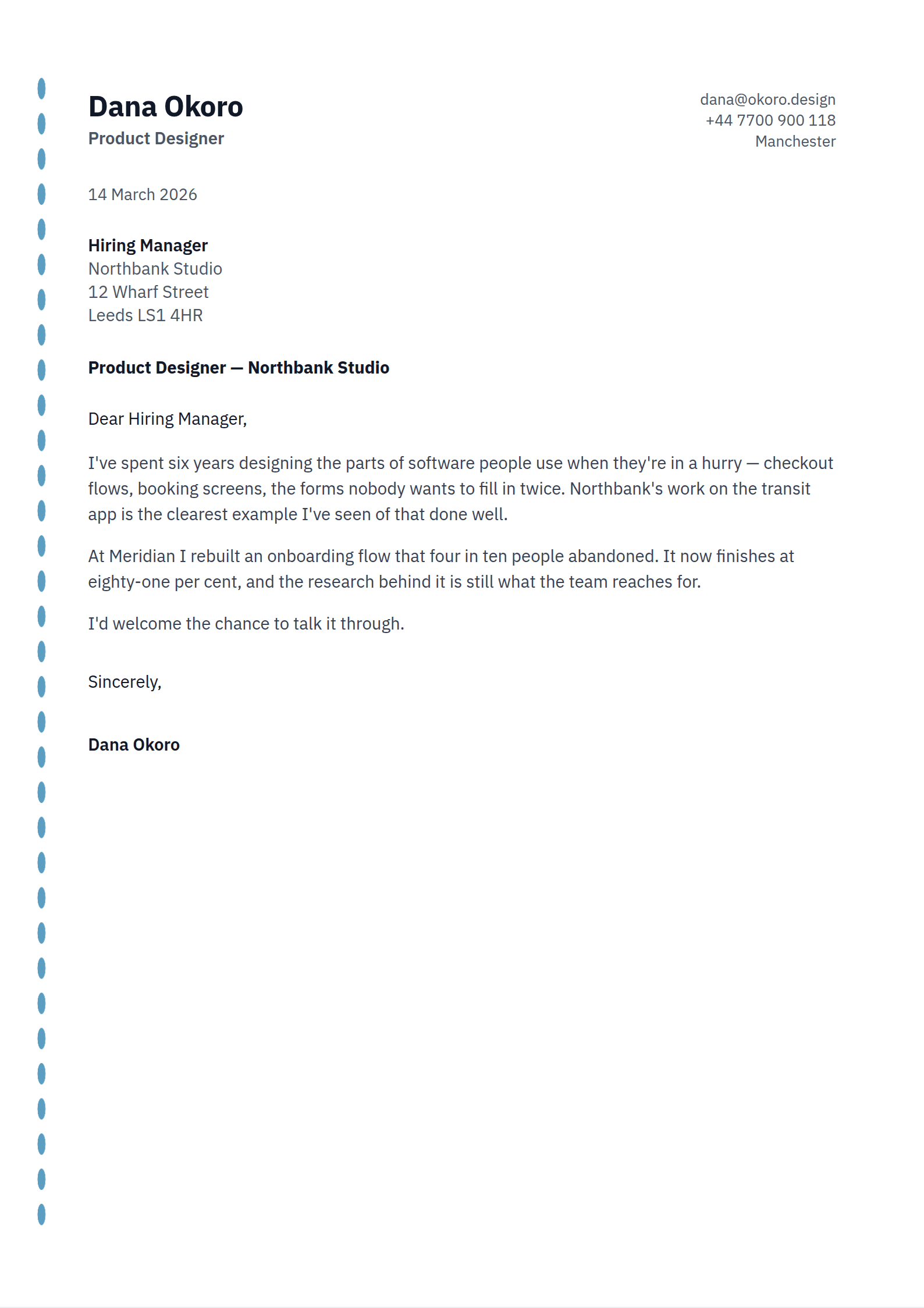 Sorting cover letter template