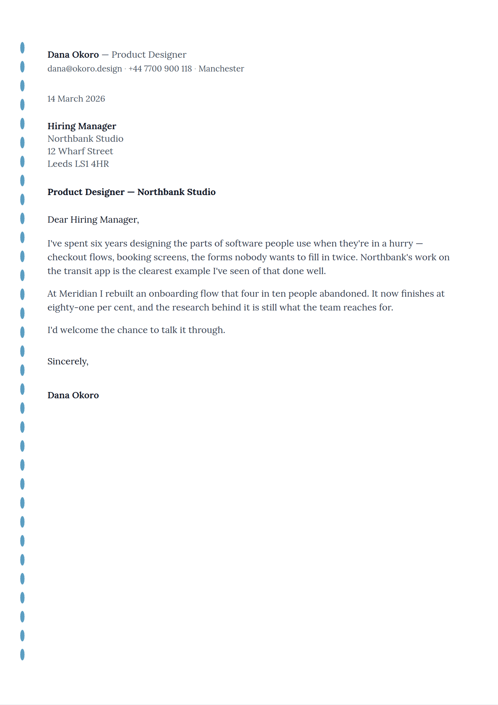 Tracing cover letter template