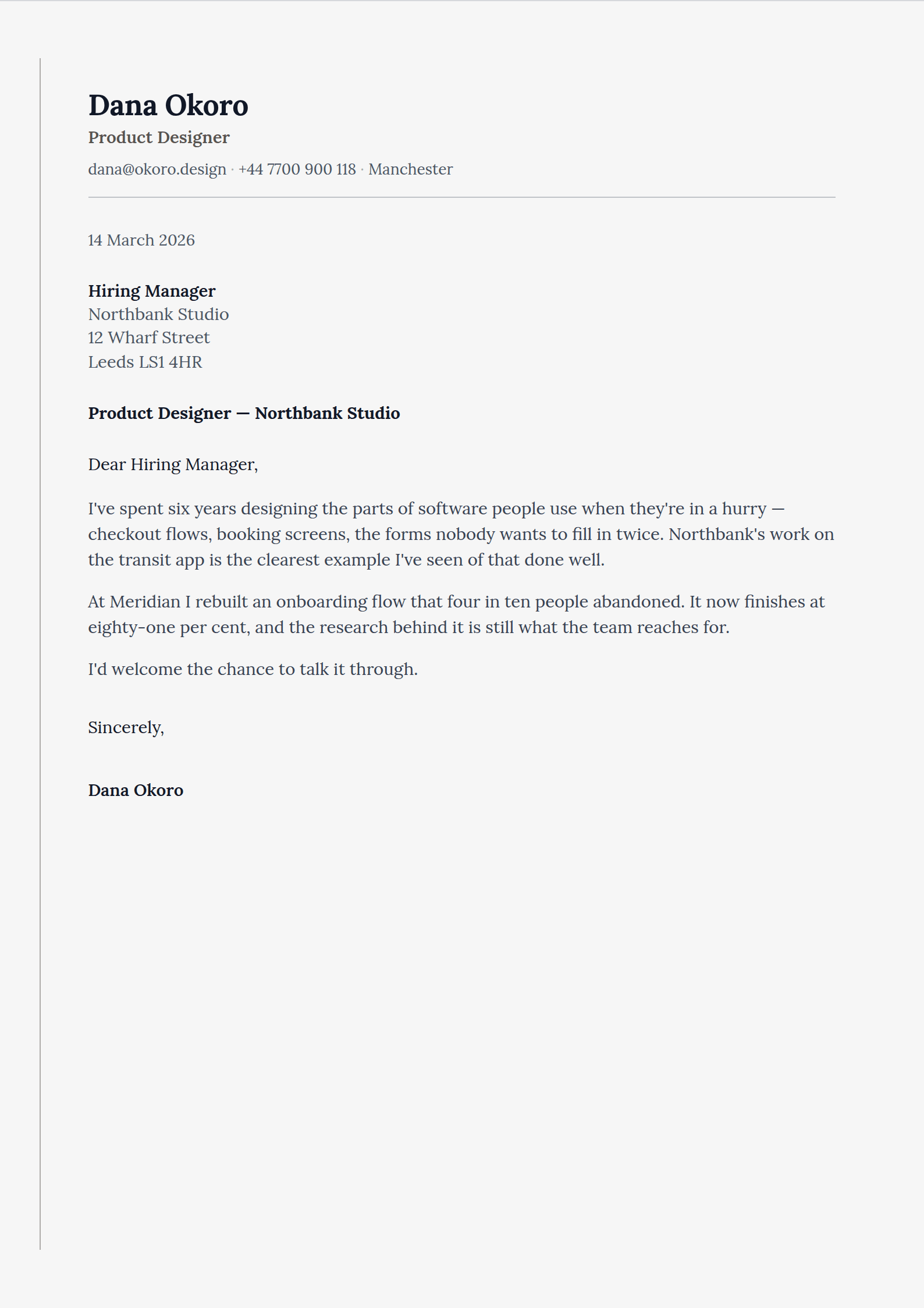Wove cover letter template