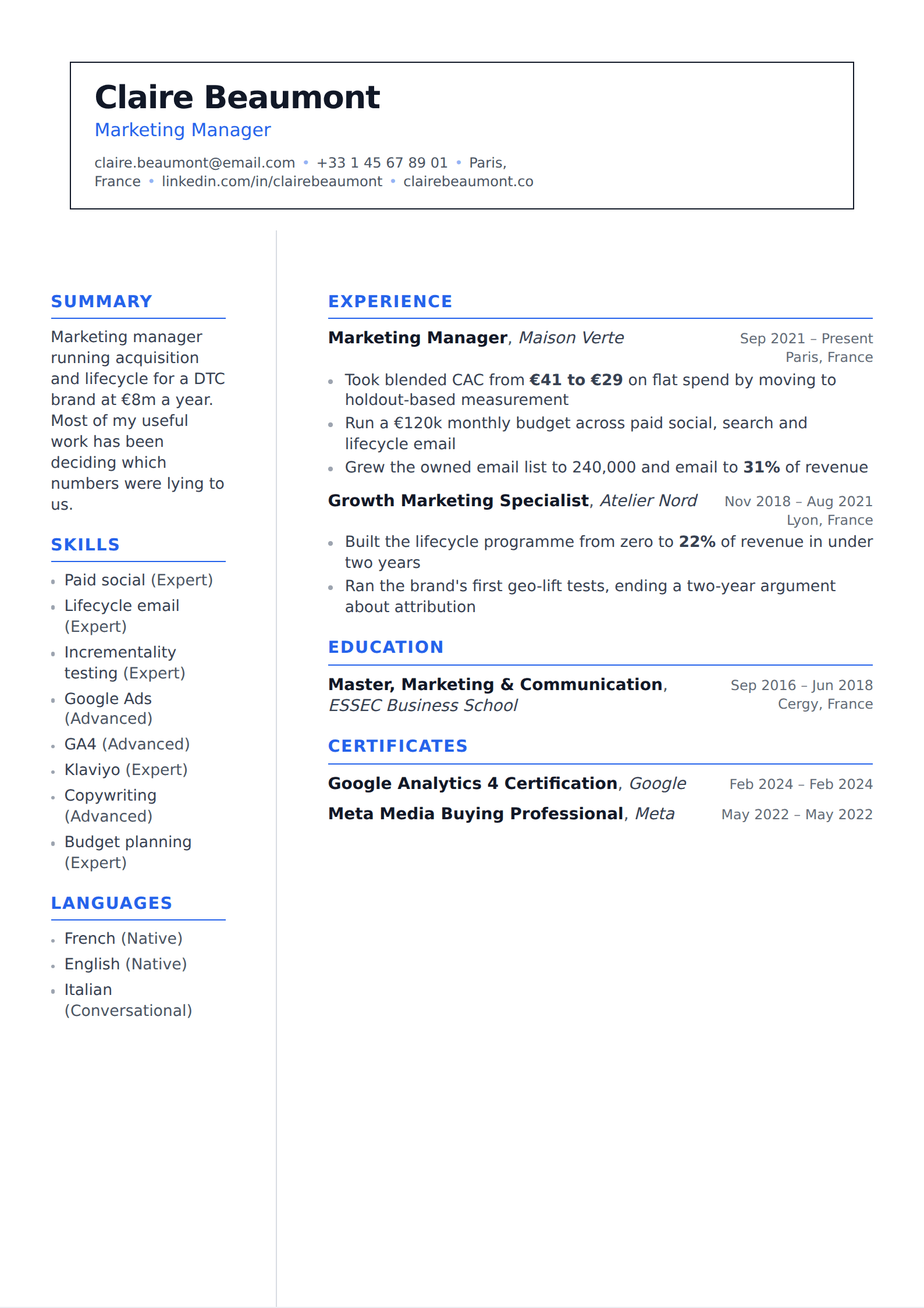 Aquamarine resume and CV template