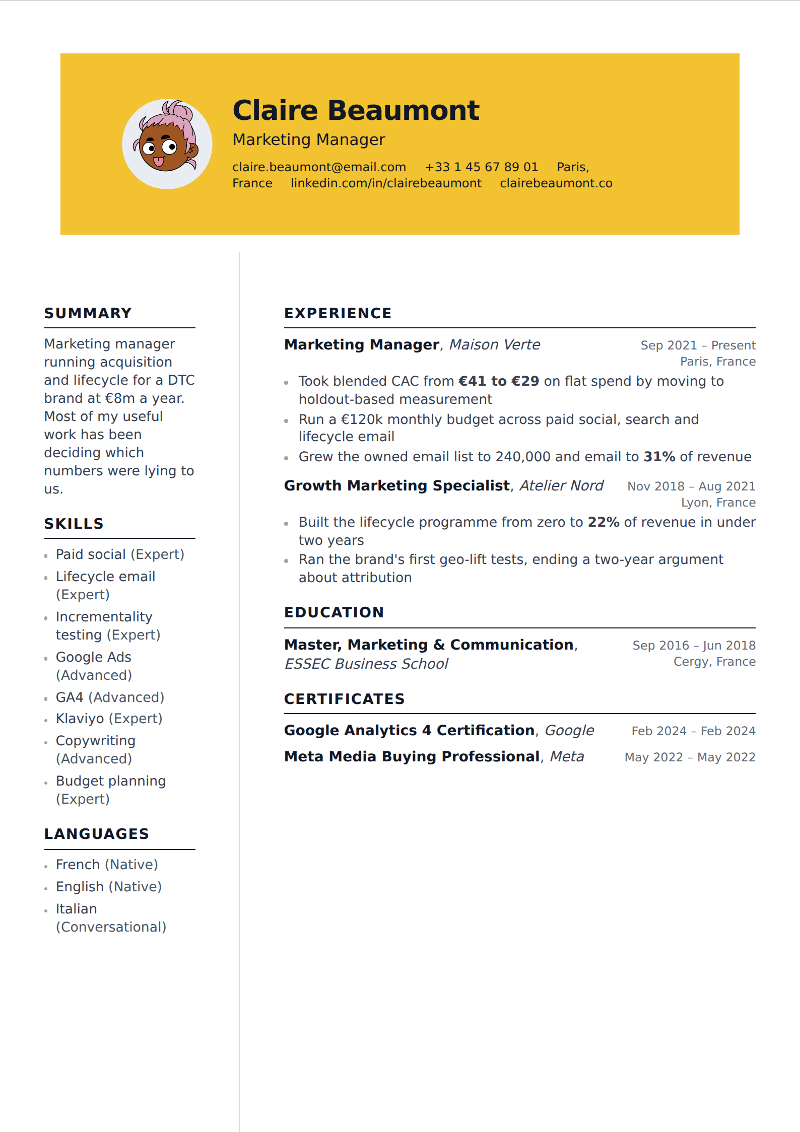 Marigold resume and CV template