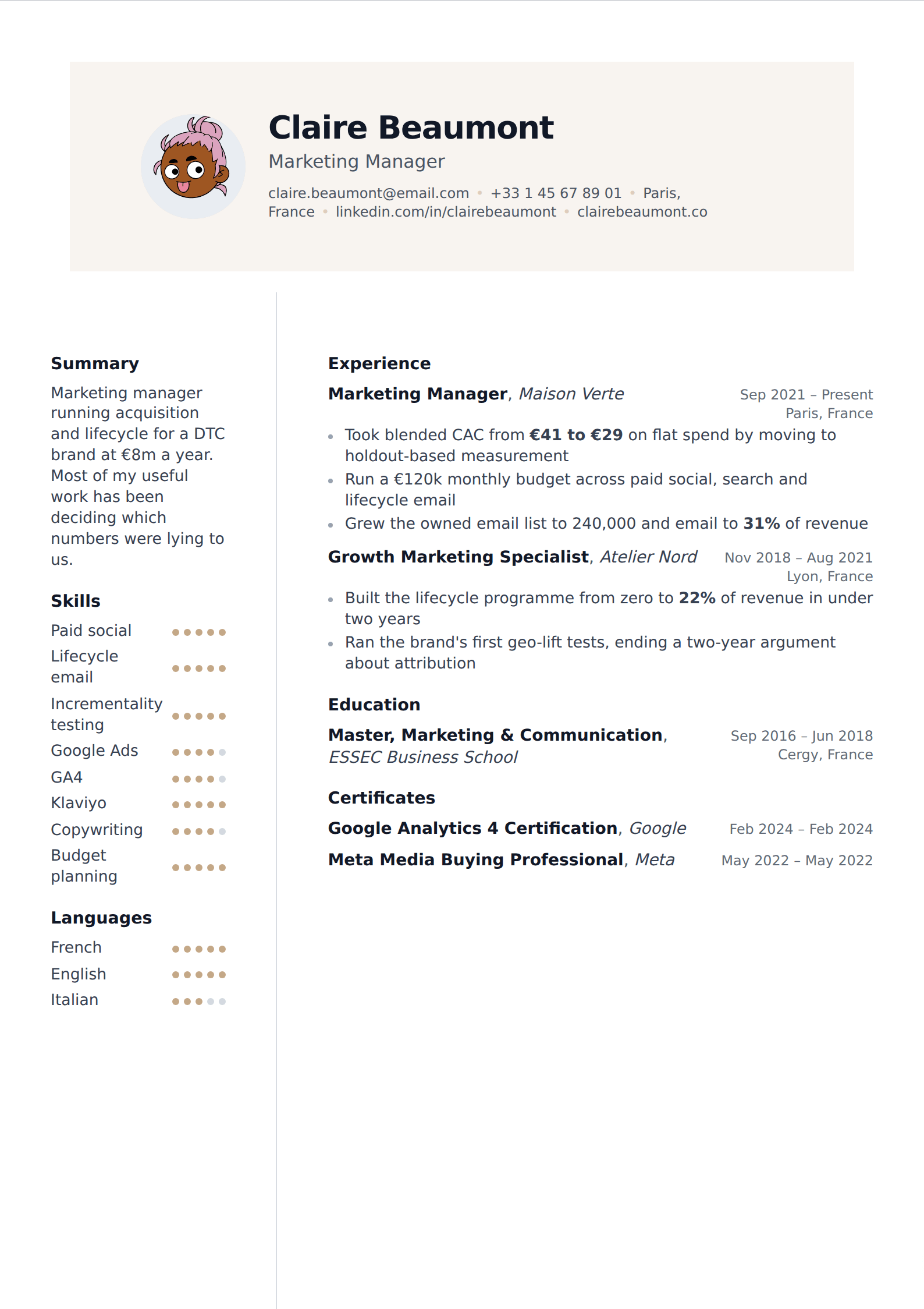 Praline resume and CV template