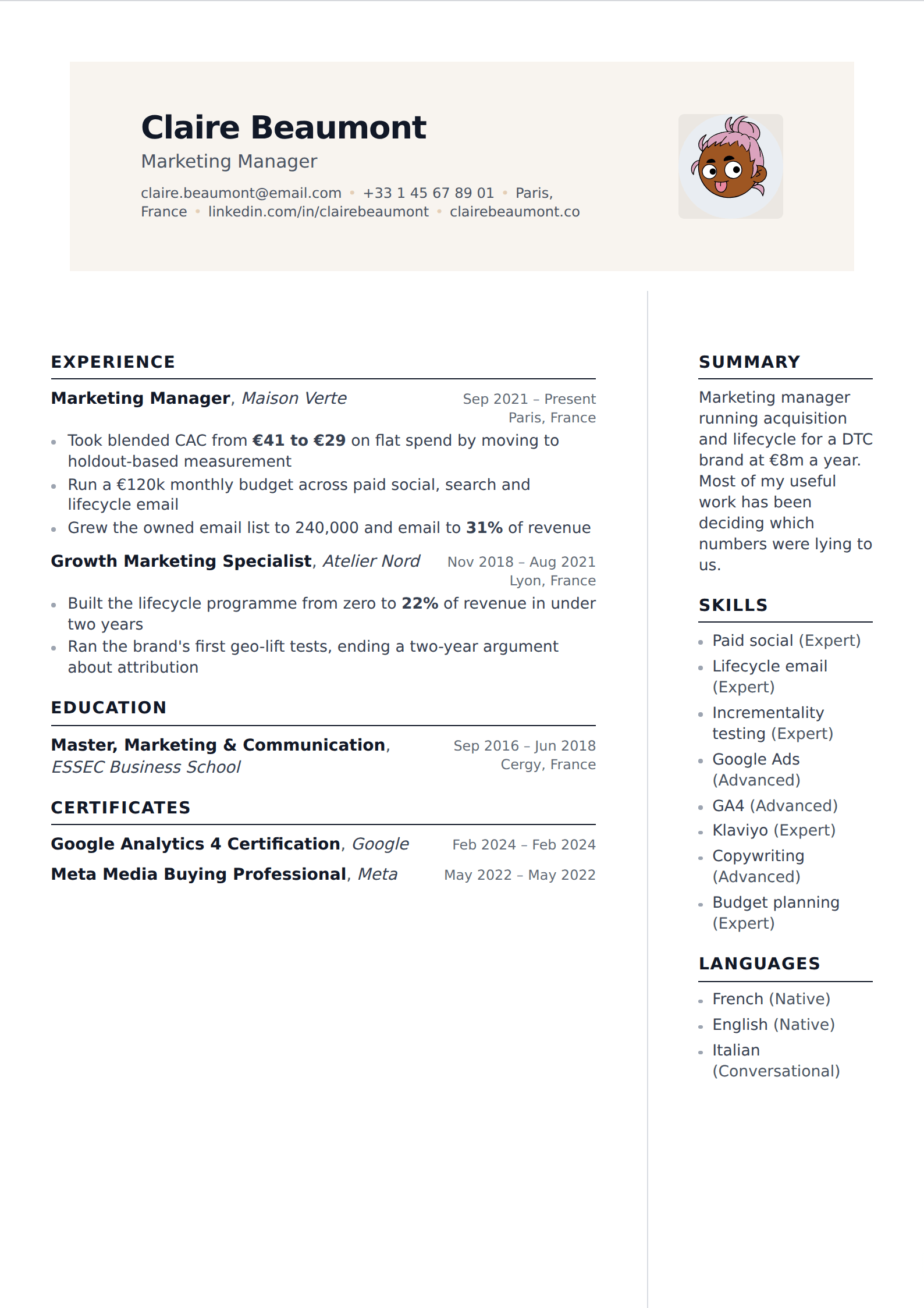 Tawny resume and CV template