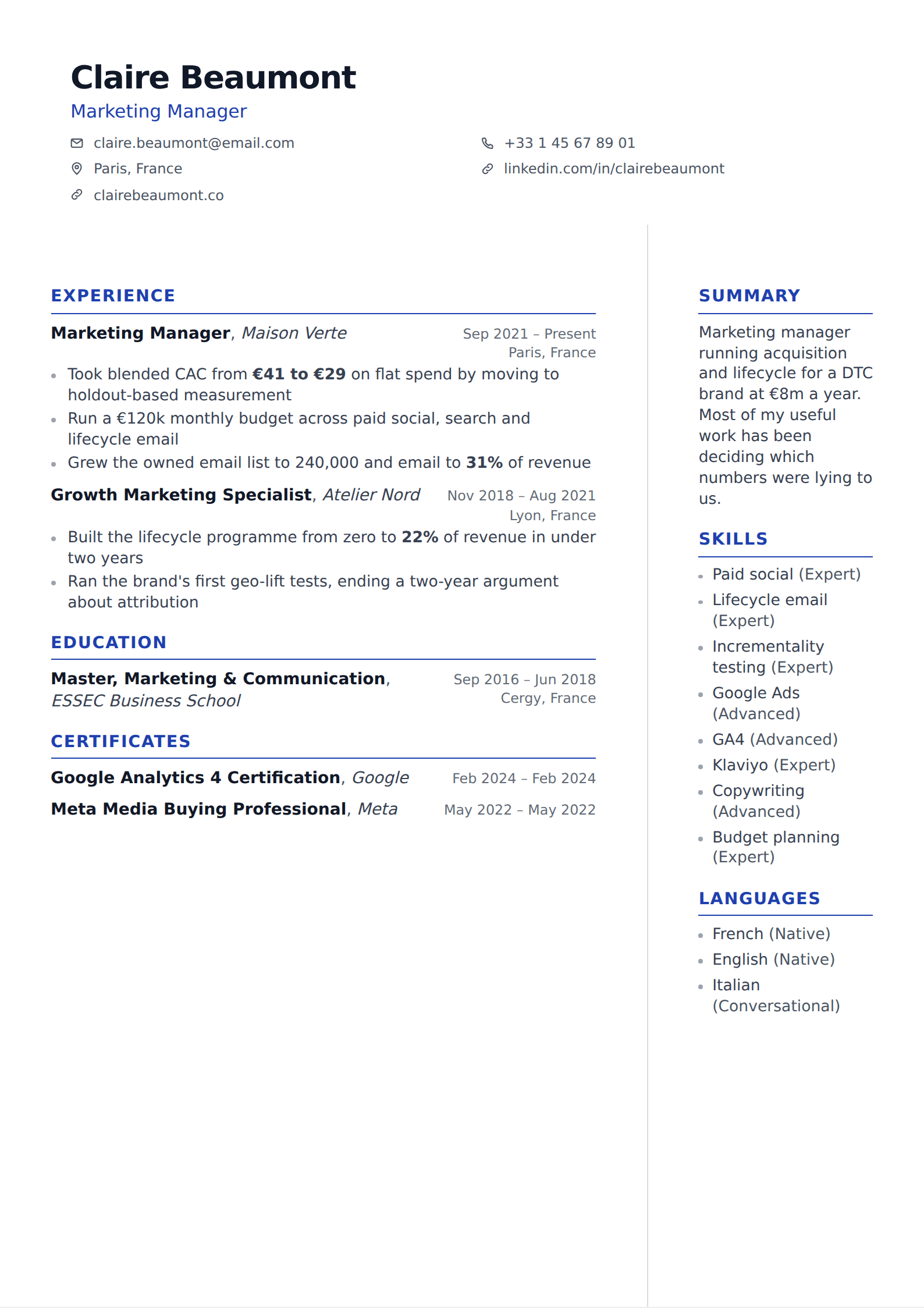 Ultramarine resume and CV template