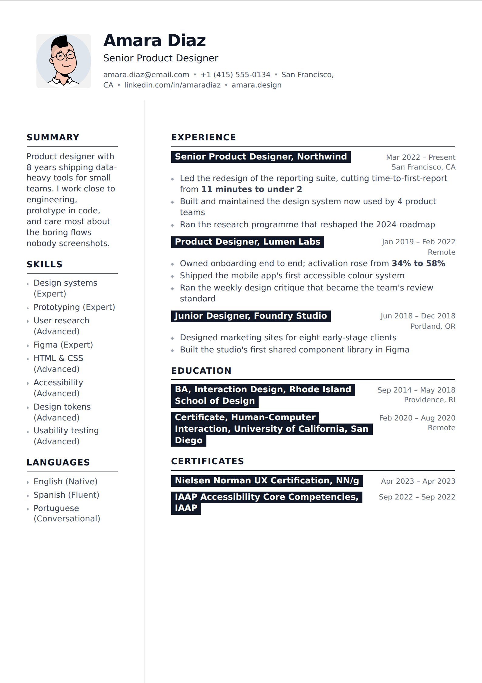 Vantage resume and CV template