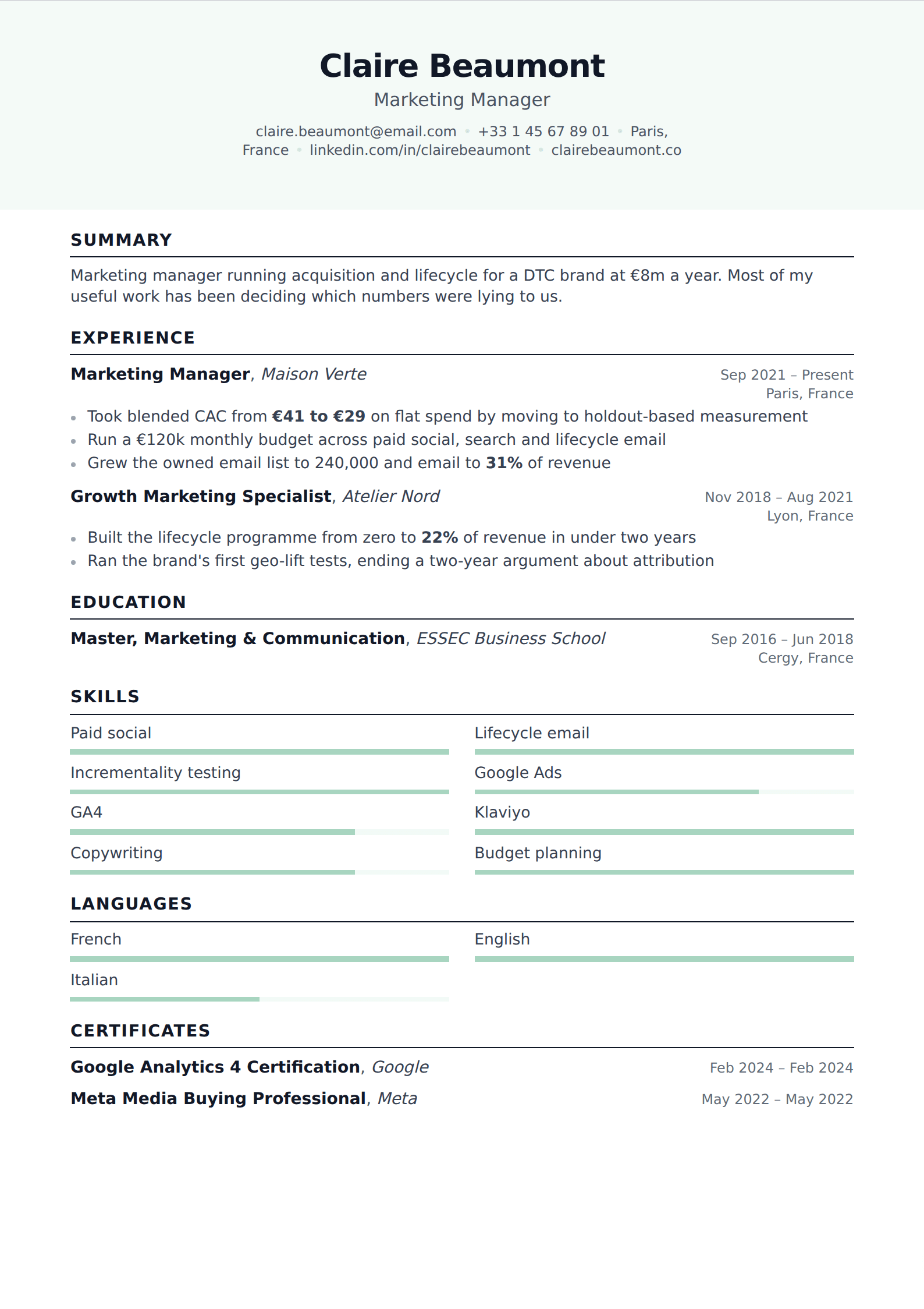 Verdigris resume and CV template